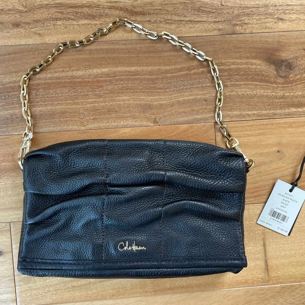 Cole Haan black leather foldover pouch clutch